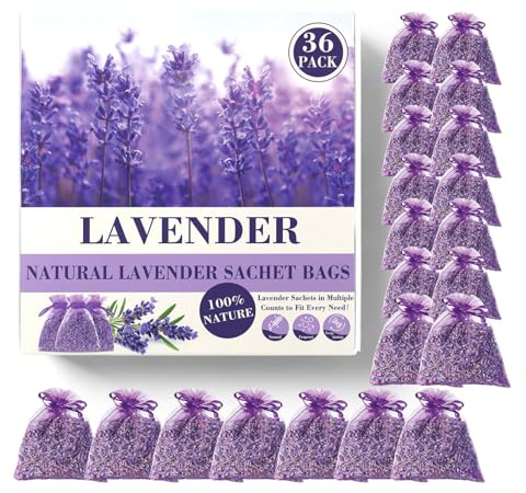 36 Pack French Dried Lavender Sachet Bags, 100% Natural Lavender Bags for Drawers and Closets, Potpourri Air Freshener, Bulk Sachet Gift for Scents Home, Wedding