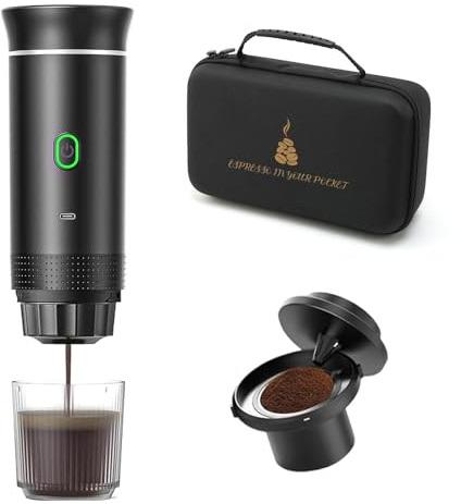 Tragbare Espressomaschine, Elektrisch Beheizte Reisekaffeemaschine mit USB-C, 12V Mini Kaffeemaschine Kompatibel mit Gemahlenem Kaffee & NS-Kapseln für Camping, Reisen, Büro (mit Aufbewahrungssack)