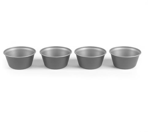 Salter Essentials 4-Piece Round Mould Set – Set of 4 Mini Pudding Cups, Non-Stick Muffin Tins, Carbon Steel, Dariole Moulds, Egg Tart, Dishwasher Safe, Made in the UK, PFOA-Free, Air Fryer & Oven Safe
