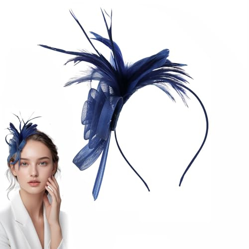 SiumPklay Elegant Vintage Navy Blue Fascinator for Women – Handmade Lace Feather Hair Clip & Headband Set for Weddings Tea Parties Special Occasions