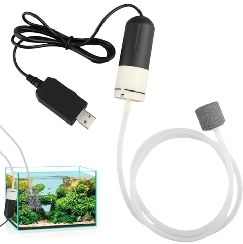 Bomba Aire Acuario USB Silenciosa Aireador Portátil con Piedra Difusora para Peceras de Agua Dulce y Salada Mini Bomba Oxigenadora 1W para Hidroponía y Acuarios Pequeños hasta 40L Pesca al Aire Libre