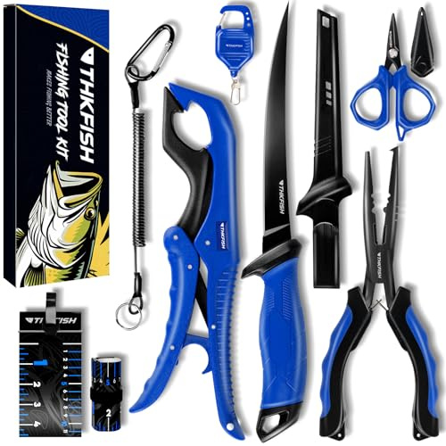 THKFISH 7 Stück Angelzubehör Set, Angelset Komplett für Anfänger mit Multifunktionale Angelzange Set, Geflochtene Schere, Maßband, Fischgreifer, schwimmende Fisch Lippen Griffer Fliegen Angelgeschenke