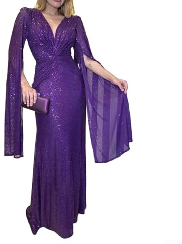 Elegante maxi abito con profondo scollo a V, maniche lunghe drappeggiate e paillettes, da donna, perfetto per matrimoni (XL viola)