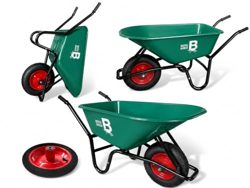 Bertie Barrow 100L Heavy Duty Plastic Wheelbarrow – 250kg Load – Narrow 57cm Width Fits Garden Gates – Puncture-Free Pneumatic Tyre 40cm – Rust-Proof Poly Tub – Green