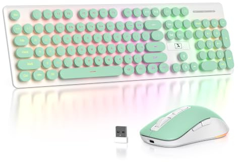 Vumilstek Wireless Keyboard and Mouse Set, US Layout Rechargeable Retro Typewriter Light Up 2.4GHz Full Size for Students Home Office PC Laptop(Green)