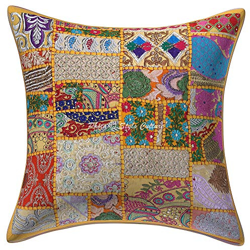 Stylo Culture Boho Fundas De Almohadones Decorativa 50x50 cm Algodón Abstracto Forros para Cojines Sofa Amarillo Mango Patchwork Vintage Cuadrado sobre Fundas De Almohadones para Cama - 1 Pc