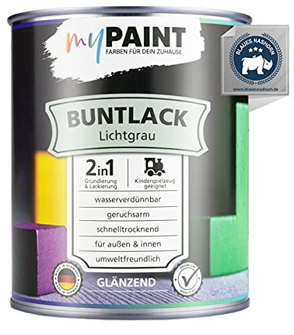myPaint 2in1 Buntlack Glänzend (750ml Lichtgrau / Grau RAL 7035) – Wetterfeste Holzfarbe Holzlack & Küchenmöbellack. Getrocknet sicher für Kinderspielzeug. Für Innen & Außen