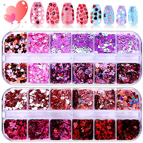 EBANKU Herz Nail Art Glitter, 2 Boxen Holographische Pailletten Bunte 3D Nagel Pailletten Valentinstag Nail Art Dekorationen für Frauen Mädchen(Valentine A)