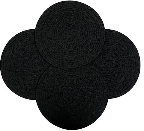 WENFOME Runde gewebte Platzsets, 35,1 cm, schwarz, Dicke Tischsets, Baumwollseil, geflochtene Tischsets, Rattan-Tischsets, schwarzes Gewebe, Platzsets für Esstisch, 4 Stück