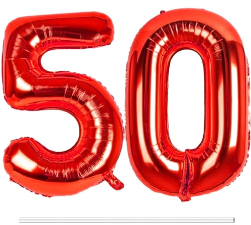 LAPONO Zahlen Luftballons 50 Rot, 2 Folienballons Zahlen 5+0, Helium Geeignet mit Aufblashalm, Selbstschließendes Ventil, Geburtstag Deko Party Foto für runden Geburtstag Jubiläum Tischdeko