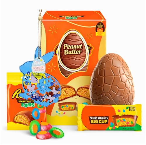 Peanut Butter Easter Egg for Easter Gifts - Large Assortment of Half Milk Chocolate & Peanut Butter Creme Egg with Mini Eggs & Cups 373g Gift Box & Topline Wooden Decoration