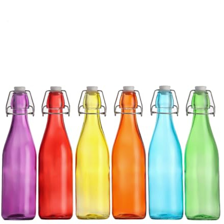 simpa Vintage Style Mix Colour Glass Bottles with Swing Top Lids. Round 500ml Bottles - Set of 6