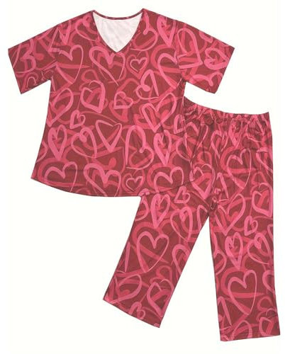 AMDOLE Damen-Pyjama-Shorts, kariert, V-Ausschnitt, elastischer Bund, Loungewear, Baumwoll-Pyjama-Shorts, rot, XL