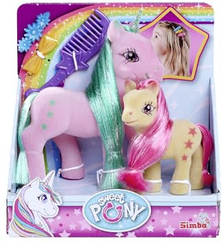 Simba Kleine Einhorn Familie, 2 Pferde, beflockt, mit Kamm und 2 Haarclips, 10-14cm, ab 3 Jahre