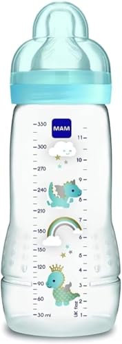 MAM Biberon Easy Active Baby Bottle 330 ml, Biberon MAM per bambini attivi ergonomico e pratico, Accessori neonato 4+ mesi per l'allattamento con tettarella misura 3 piatta e simmetrica, Azzurro