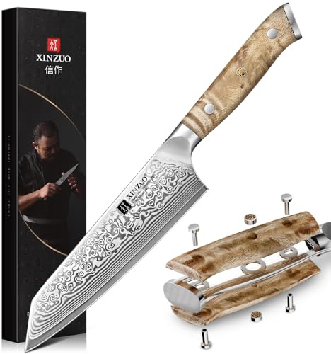 XINZUO 14,8cm Kiritsuke Kochmesser Damaststahl 10Cr15CoMoV Stahlkern Chefmesser -Profi Damaszener Stahl Küchenmesser Scharfe Klinge -für Fleisch, Fisch, Obst und Gemüse -Griff aus Bergahornholz