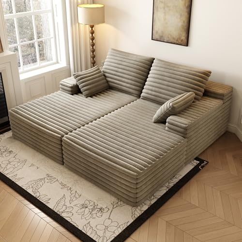 80” Oversized Double Lounge Chaise,Cloud Plush Sofa Bed,Upholstered Boneless Cloud Sofa Deep Seat,No Assembly Required,Modern Corduroy Sleeper Loveseat Chair for Living Room Bedroom Reading,Camel