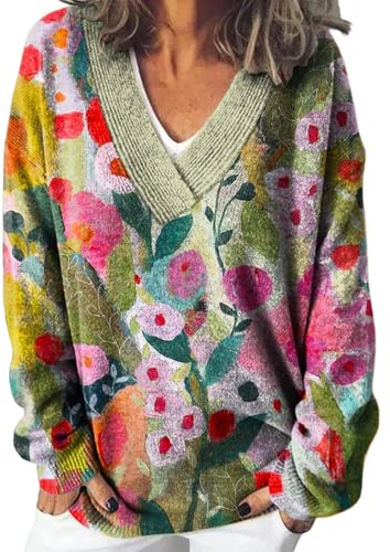 Udbeksid Pull Femme Halloween Imprimé Sorcière Col V Tricoté Vintage Pulls Automne Hiver Sweatshirt Oversize Manches Longues Pull Norvégien Chaud Décontracté Mode Pulls Grande Taille