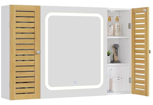 FORABAMB Badezimmer Spiegelschrank mit LED-Beleuchtung & Steckdose, Badezimmerschrank mit 2 Bambustür, HD-Spiegel, Verstellbarer Ablage, Berührung Sensorschalter, Spiegelschrank Bad, 90×17×60cm
