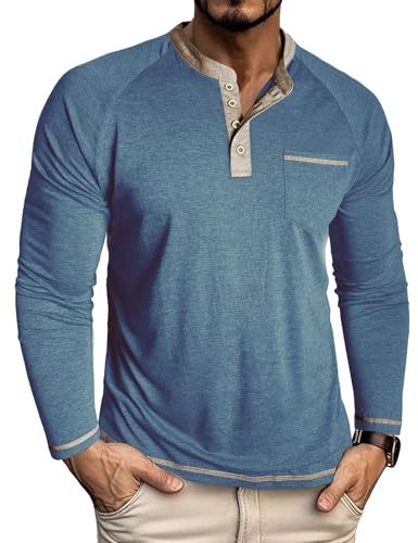 Henley-Shirt für Herren, mit Großvater-Kragen, lässig, mit Knöpfen, ohne Kragen, X-Denim-Blau, XXL