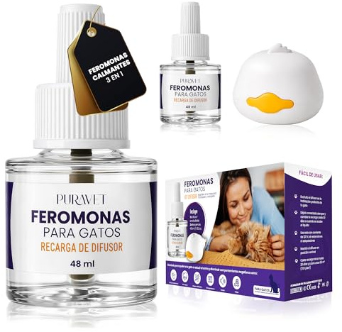 PURAVET - Feromonas para Gatos - Difusor + 2 Recambios de Feromonas Calmantes para Gatos (60 días, 48 ​​ml) - Ayuda a Reducir el estrés del Gato, Arañazos, Miedos, Cambios, Marcaje con Orina.