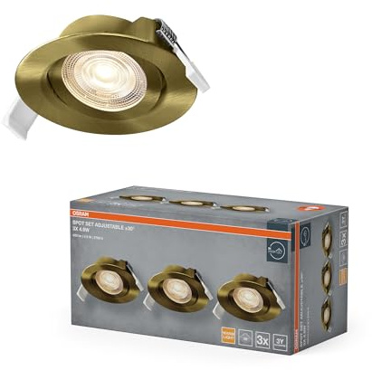 OSRAM Foco empotrable LED Spot Set regulable 4,9 W latón | Spot Set Recess Adjustable, Spot lights and ceiling spots, Latón verde, 90 mm dia, 25000 h, Paquete de 3