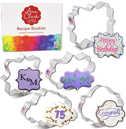 Ann Clark 5-Pc. Plaques & Frames Cookie Cutter Set, Made in USA, Squares, Oval, Photo Frame, Long Fancy Plaque