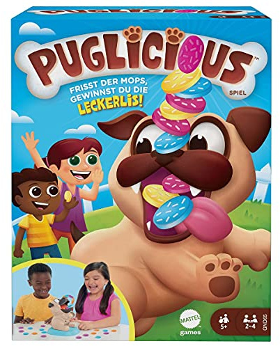 Mattel Games GND65 - Puglicious Spiel für Kinder, Stapelspiel mit Hundeleckerlis für das hungrige Hündchen, Geschenk für Kinder ab 5 Jahren
