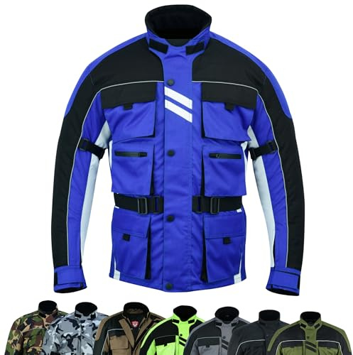 warrior gears Veste de moto 6 poches pour homme, veste de moto de course textile, haute visibilité Biker CE, protection blindée imperméable et doublure en maille respirante, Bleu - XXL
