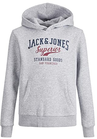 JACK & JONES JUNIOR Boy's JJELOGO Sweat Hood 2 COL 22/23 NOOS JNR Sweatshirt, Light Grey Melange/Print:NB/Rhododendron, 140