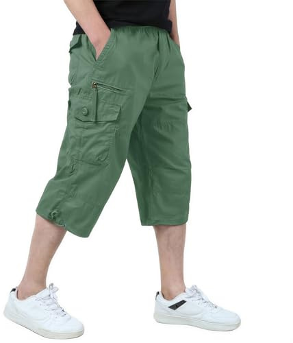 KEFITEVD 3/4 Décontracté Shorts pour Homme Taille Élastique Coton Pantalon de Travail D'extérieur Eté Cargo Shorts avec Poches