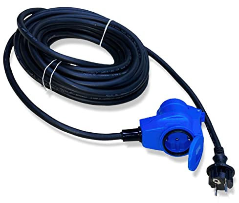 CEE Adapterkabel Winkel-Kupplung mit Steckdose auf Schutzkontakt Stecker 10m Kabel IP44 230V / 16A 3-polig für Camping, Adapterleitung für Boot, Camper, Wohnwagen, Wohnmobil, Winkelbuchse blau