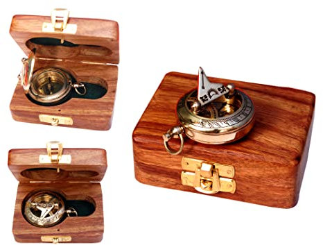 Bazross Brass Nautical Compass with Wooden Case - Antique Brass & Copper Sun Clock for Camping, Hiking, Touring - Engraved Gift for Him - Nautical Clock (Marine Sundial Compass)