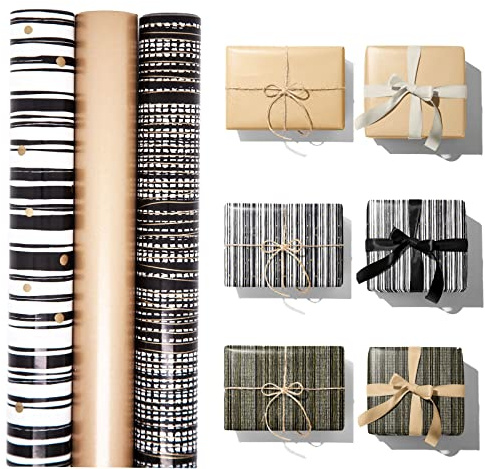 ZYOOO Rouleau de papier cadeau – 43 cm x 300 cm par rouleau – 3 motifs différents noir, or et blanc