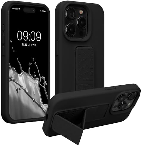 kwmobile Case for Apple iPhone 15 Pro Case - Soft TPU Cover with Silicone Coating - With Hand Strap and Stand Function - Shockproof - Black