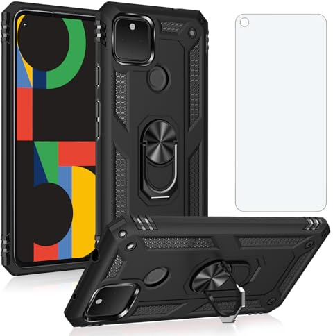 Asuwish Handyhülle für Google Pixel 4a 5G Hülle mit Glas Folie Schutzfolie und Magnetisch Ring Ständer Handyhüllen Schutzglas Panzerfolie Cover 4a5G Slim Handy Hüllen Schutzhülle Phone Case Schwarz