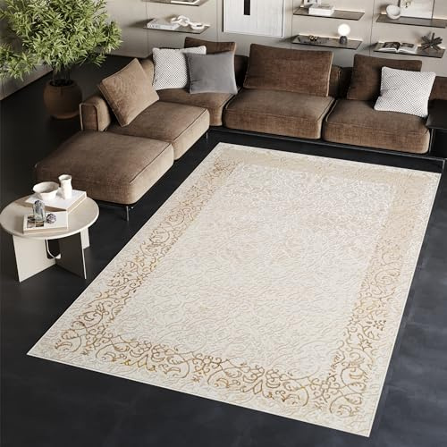TAPISO Ares Teppich Kurzflor Glänzend Creme Beige Blumen 300 x 400 cm | Bordüre Barock Klassisch 3D Effekt Wohnzimmer Schlafzimmer OEKO-TEX