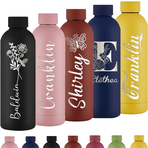 Bouteilles d'eau personnalisées gravées avec nom de fleur pour mois de naissance - Bouteille isotherme en acier inoxydable - Garde au froid et au chaud - Cadeau d'anniversaire pour homme et femme
