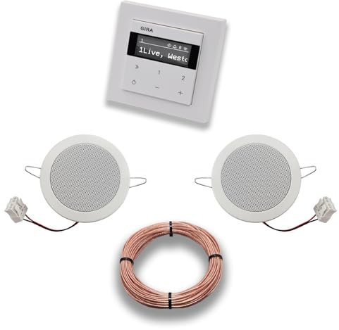 Gira Unterputz IP Internetradio 232003 + Bluetooth Komplett-Set, E2 reinweiß glänzend + 2 x Deckenlautsprecher/Einbaulautsprecher + 20 Meter Lautsprecherkabel 2x0,75 mm