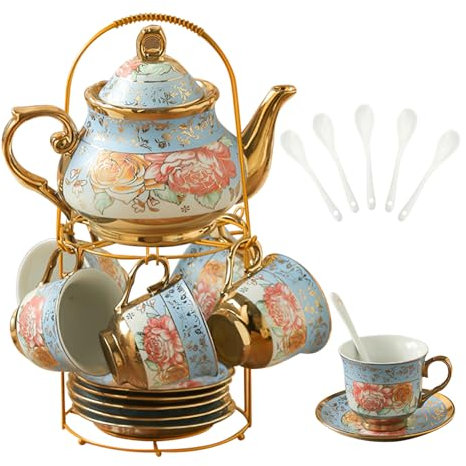Porcelain Tea Set for Adults with Metal Holder – Tea Cups Sets of 6(160ML Cups), Floral 700ml Teapot,20 Pcs Ceramic Set, Elegant European Gift for Women’s Tea Party & Afternoon Tea