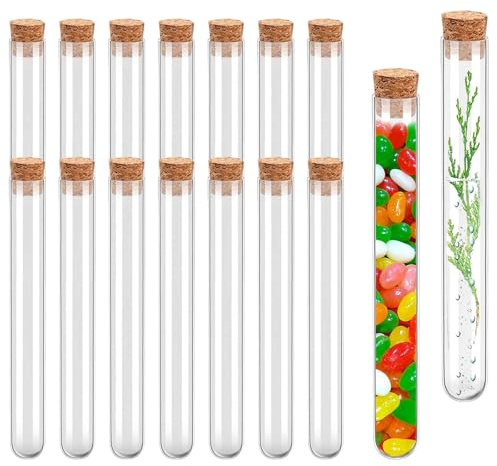 Marjoramy 15 Piezas Tubo Ensayo con Tapones de Corcho, Tubos de Ensayo de Plastico, Tubos de Ensayo Transparente, Tubo con Tapón de Corcho, Tubo de Ensayo Hidropónico, Probetas Plastico, 15x150mm