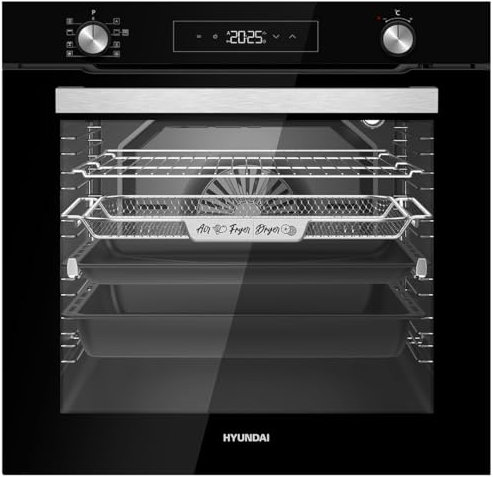 Hyundai Horno Multifunción Pirolítico Cristal negro HHMP15800DN. Capacidad 80 Litros, 2500 W, 9 Programas, Interior Esmaltado, Fácil Limpieza, Display LED Manual, Eficiencia Energética Clase A