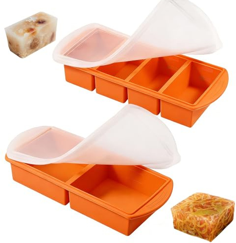 2 in 1 Molde Silicona Congelador & Souper Cubes, Moldes Silicona Congelar Porciones, Bandeja Extragrande Para Cubitos de Hielo Para Sopa, Caldo, Salsa, Mantequilla, (4 x 250 Ml, 2 x 500 Ml, Naranja)