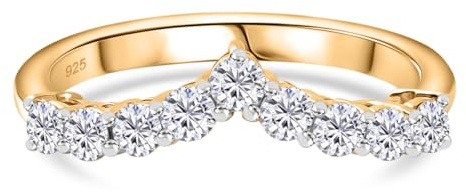 TJC Moissanite Wishbone V Shaped Chevron Ring for Women 925 Sterling Silver 18K Yellow Gold Vermeil Plated, Stackable Curved Wedding Band, Minimalist Dainty Ring Jewellery Gift for Her, Ring Size Q