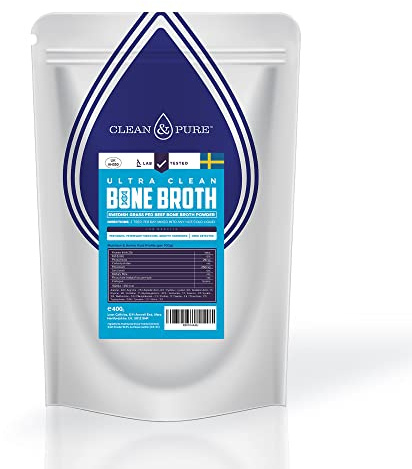 Clean & Pure Bone Broth Powder 400g (40+ Servings) | from Sweden | UK Lab Tested Bone Broth Protein Powder | Grass Fed Beef