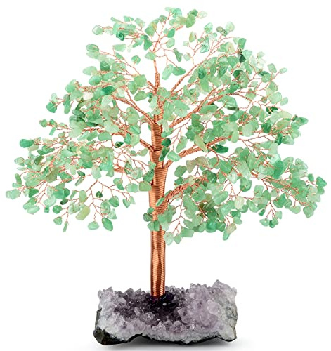 MASGEMES Gemstone Crystal Tree of Life, Natural Green Aventurine Jade, Chakra, Amethyst Geode Cluster, Positive Energy Healing Crystals, Feng Shui Decor Bonsai Money Tree, Size 10-12