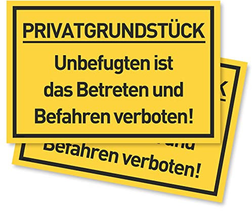2er Set Privatgrundstück Schilder (30x20 cm Kunststoff) - Betreten und Befahren verboten Schild - Privatweg - Zutritt verboten - Durchgang Privat - (Gelb) Betreten Verboten