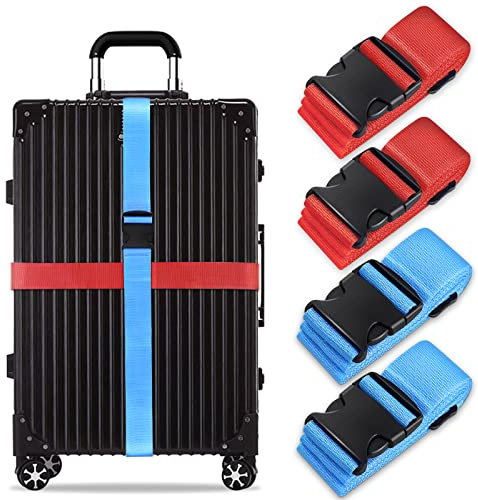 Koffergurt Set, gepäckband, kofferbänder, koffergurte Personalisierte Identifikation Verstellbare Rutschfestes Reisezube (Blau Rot, 4 Stück Set)