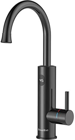 Briwellna Instant Water Heater Tap, 220V Cold and Hot Water Faucet, Kitchen Electric Heating Tap Stainless Steel, 360 Degrees Rotate with Digital Display (Black)
