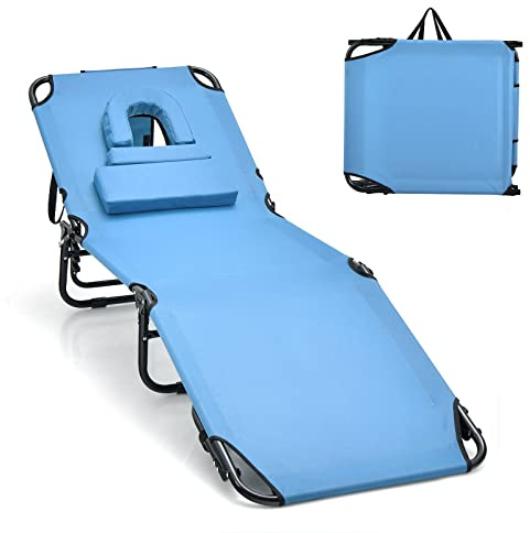 GIANTEX Sedia Sdraio Pieghevole, Sedia Sdraio da Esterno con Foro per il Viso e Cuscini, Lettino Mare Pieghevole Portatile per Spiaggia,64x29x193,5 cm, 3 Colori (Blu)